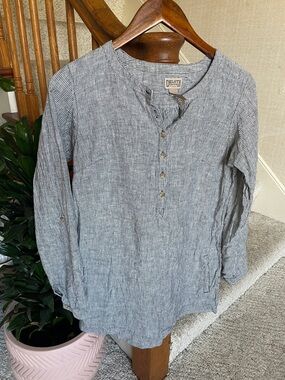 Duluth Trading Co Hemp Cotton Long Line Thin-Stripe Button Henley Top